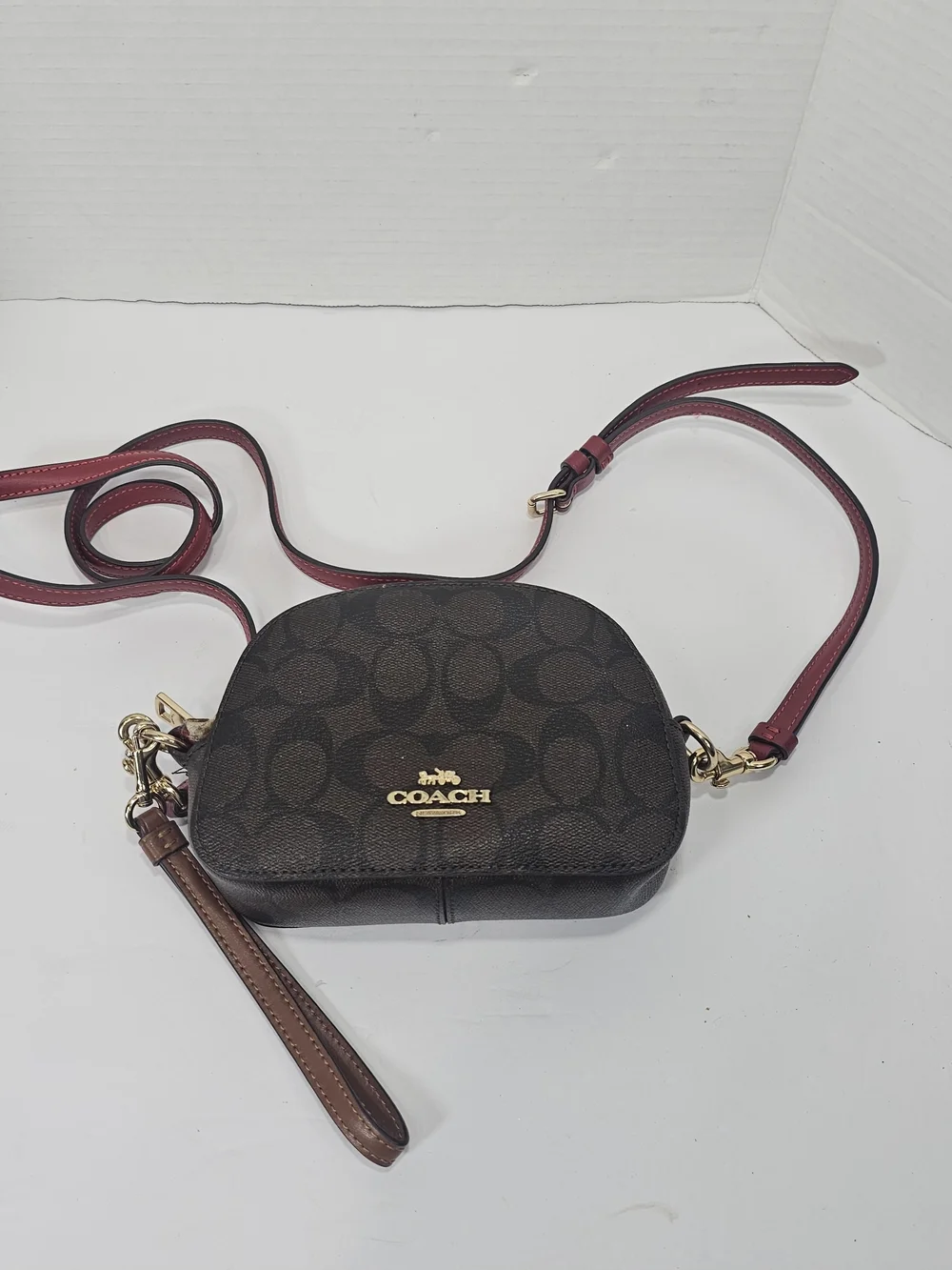 Coach Brown Signature Mini Crossbody with Red Strap